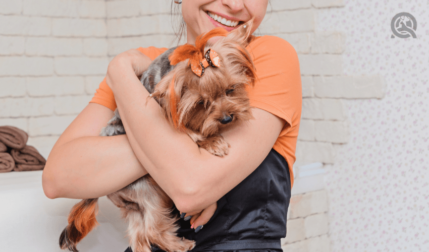 groomer holding puppy