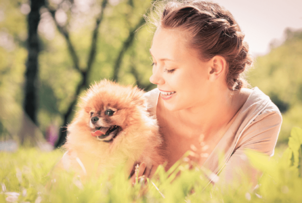 happy girl cuddling Pomeranian in grass