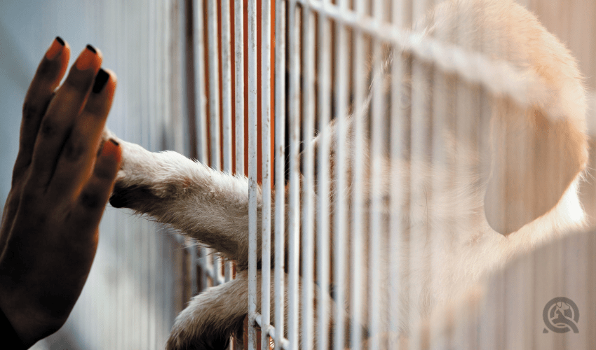 dog at shelter reaching paw and touching person's hand