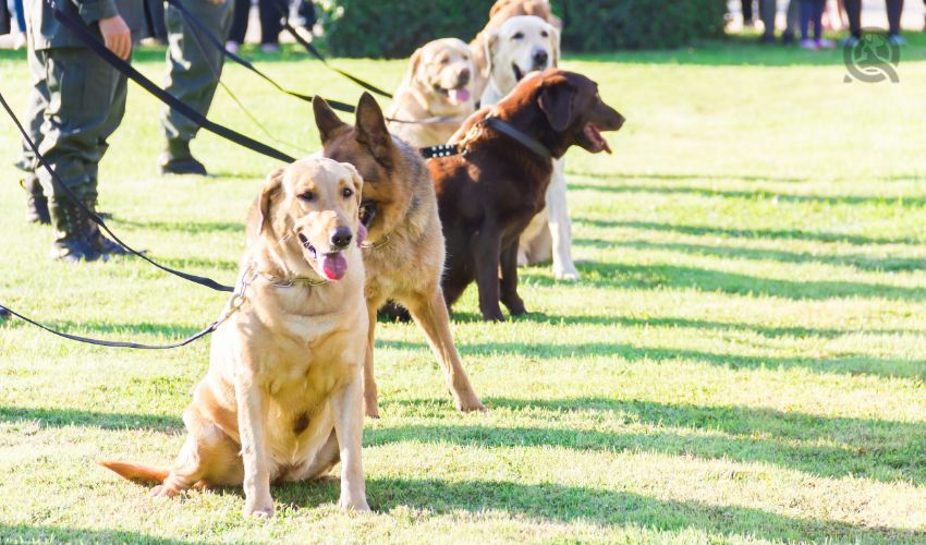 Multiple dogs outside for group training session