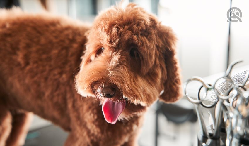 Beautiful apricot pet labradoodle calmly going through hair cutting in grooming salon. Professional groomer carefully handle with dog.