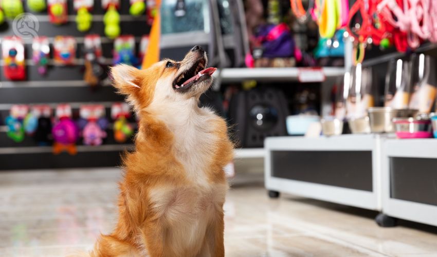 Portrait of cute dog near different variation of goods for animals in pet store