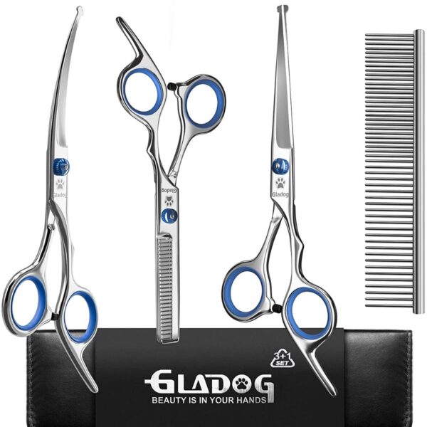 GLADOG Professional Grooming Scissors for Dogs with Safety Round Tips, 4 in 1 Dog Grooming Scissors Set, Sharp and Durable Pet Grooming Shears for Dogs and Cats