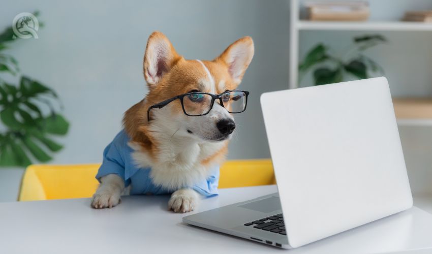 Cute corgi dog looking into computer laptop working in glasses and shirt