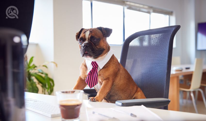 Bulldog Puppy Dressed As Businessman Sitting At Desk Looking At Computer